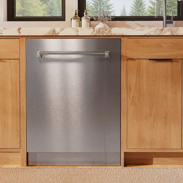 ZLINE Autograph Edition 24 in. Monument Series 3rd Rack Dishwasher with Auto Door Open Drying, 44dBa, Stainless Steel Panel with Polished Gold Helix Handle (DWMTZ-30424-KG)