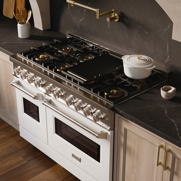 ZLINE 48 in. 6.7 cu. ft. Classic Dual Fuel Range with 8 Burner DuoPro™ Cooktop and Dual Ovens with White Matte Doors (PCDR-WM-48)