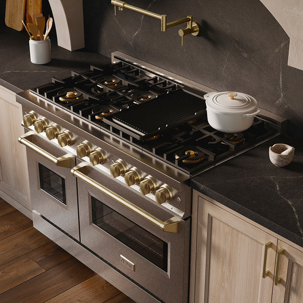 ZLINE Autograph Edition 48 in. 6.7 cu. ft. Classic Dual Fuel Range with 8 Burner DuoPro™ Cooktop and Dual Ovens in Satin Stainless Steel and Champagne Bronze Accents (PCDRSZ-48-CB)