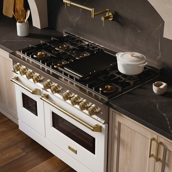 ZLINE Autograph Edition 48 in. 6.7 cu. ft. Classic Dual Fuel Range with 8 Burner DuoPro™ Cooktop and Dual Ovens with White Matte Doors and Champagne Bronze Accents (PCDRZ-WM-48-CB)