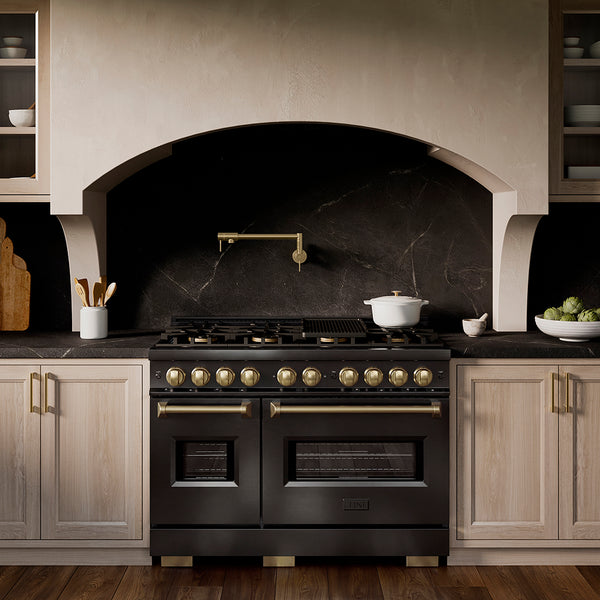 ZLINE Autograph Edition 48 in. 6.7 cu. ft. Classic Gas Range with 8 Burner DuoPro™ Cooktop and Dual Ovens in Black Stainless Steel and Champagne Bronze Accents (PCGRBZ-48-CB)