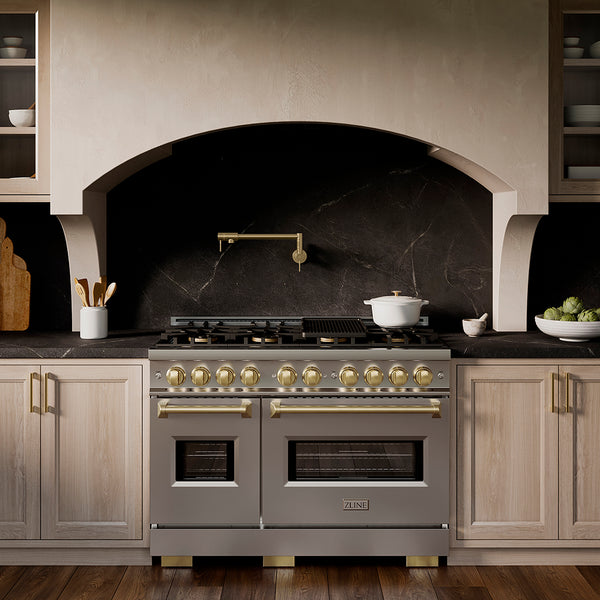 ZLINE Autograph Edition 48 in. 6.7 cu. ft. Classic Gas Range with 8 Burner DuoPro™ Cooktop and Dual Ovens in Stainless Steel and Champagne Bronze Accents (PCGRZ-48-CB)