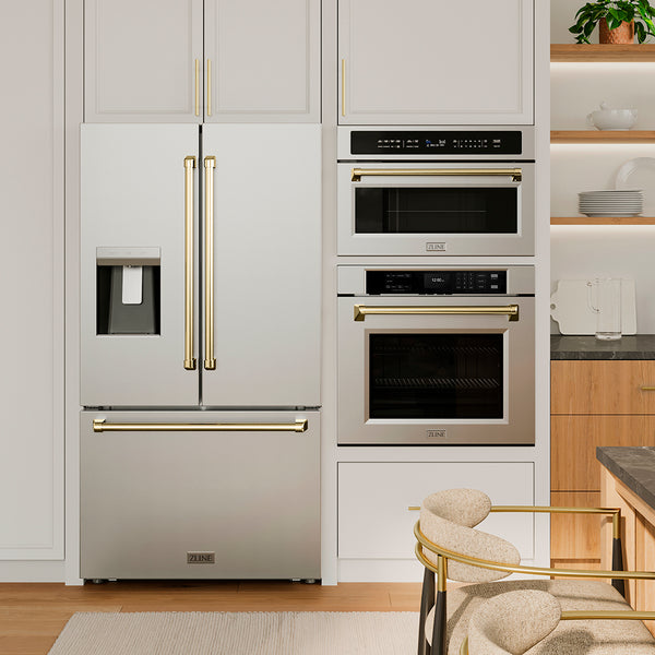 ZLINE Autograph Edition 36 in. 28.9 cu. ft. Standard-Depth French Door External Water Dispenser Refrigerator with Dual Ice Maker in Fingerprint-Resistant Stainless Steel and Polished Gold Traditional Handles (RSMZ-W-36-G)