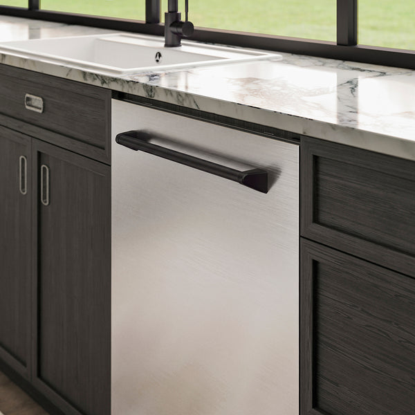 ZLINE Autograph Edition 24 in. Monument Series 3rd Rack Dishwasher with Auto Door Open Drying, 44dBa, Stainless Steel Panel with Matte Black Handle (DWMTZ-304-24-MB)