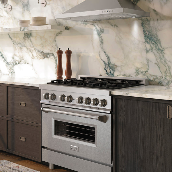 ZLINE 36 in. 4.6 cu. ft. Legacy Dual Fuel Range with 6 Burner Gas Cooktop and Electric Convection Oven in Stainless Steel with Satin Stainless Steel Door (RA-SN-36)