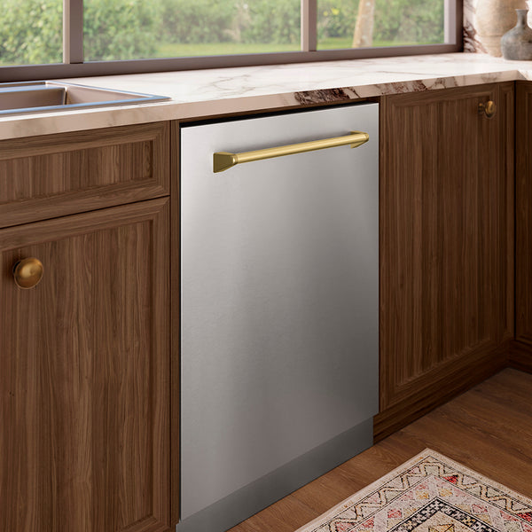 ZLINE Autograph Edition 24 in. Tallac Series 3rd Rack Top Control Built-In Tall Tub Dishwasher in Stainless Steel with Champagne Bronze Handle, 51dBa (DWVZ-304-24-CB)