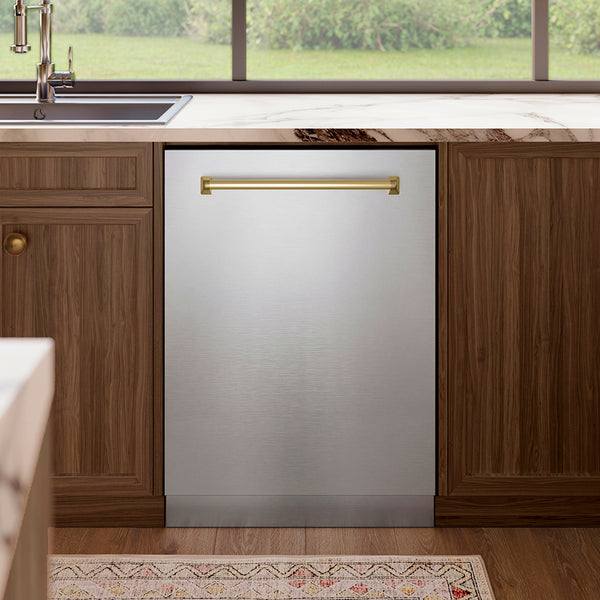 ZLINE Autograph Edition 24 in. Tallac Series 3rd Rack Top Control Built-In Tall Tub Dishwasher in Stainless Steel with Champagne Bronze Handle, 51dBa (DWVZ-304-24-CB)