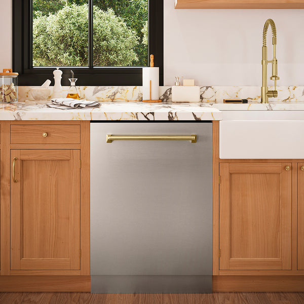 ZLINE Autograph Edition 24 in. Tallac Series 3rd Rack Top Control Built-In Tall Tub Dishwasher in Stainless Steel with Champagne Bronze Handle, 51dBa (DWVZ-304-24-CB)
