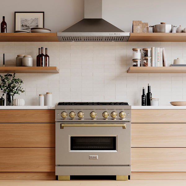 ZLINE Autograph Edition 36 in. 5.2 cu. ft. Classic Dual Fuel Range with 6 Burner DuoPro™ Cooktop and Electric Convection Oven in Stainless Steel and Champagne Bronze Accents (PCDRZ-36-CB)
