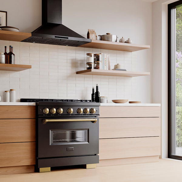 ZLINE Autograph Edition 36 in. 5.2 cu. ft. Classic Gas Range with 6 Burner DuoPro™ Cooktop and Convection Gas Oven in Black Stainless Steel and Champagne Bronze Accents (PCGRBZ-36-CB)
