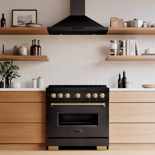 ZLINE Autograph Edition 36 in. 5.2 cu. ft. Classic Gas Range with 6 Burner DuoPro™ Cooktop and Convection Gas Oven in Black Stainless Steel and Champagne Bronze Accents (PCGRBZ-36-CB)