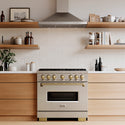 ZLINE Autograph Edition 36 in. 5.2 cu. ft. Classic Gas Range with 6 Burner DuoPro™ Cooktop and Convection Gas Oven in Satin Stainless Steel and Champagne Bronze Accents (PCGRSZ-36-CB)