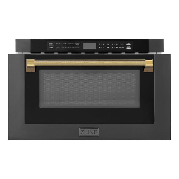 ZLINE Autograph Edition 24 in. 1.2 cu. ft. Built-in Microwave Drawer in Black Stainless Steel and Polished Gold Helix Handle (MWDZ-1-BS-H-KG)