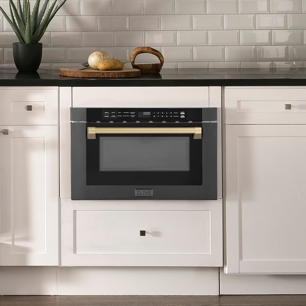 ZLINE Autograph Edition 24 in. 1.2 cu. ft. Built-in Microwave Drawer in Black Stainless Steel and Champagne Bronze Accents (MWDZ-1-BS-H-CB)