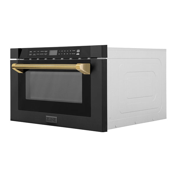 ZLINE Autograph Edition 24 in. 1.2 cu. ft. Built-in Microwave Drawer in Black Stainless Steel and Polished Gold Helix Handle (MWDZ-1-BS-H-KG)