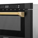 ZLINE Autograph Edition 24 in. 1.2 cu. ft. Built-in Microwave Drawer in Black Stainless Steel with Polished Gold Accents (MWDZ-1-BS-H-G) close-up handle and display.