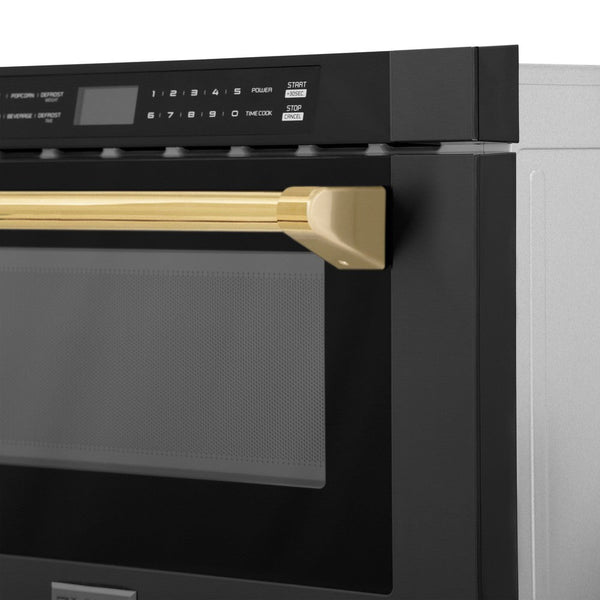 ZLINE Autograph Edition 24 in. 1.2 cu. ft. Built-in Microwave Drawer in Black Stainless Steel with Polished Gold Accents (MWDZ-1-BS-H-G) close-up handle and display.