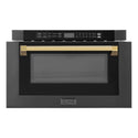 ZLINE Autograph Edition 24 in. 1.2 cu. ft. Built-in Microwave Drawer in Black Stainless Steel with Polished Gold Accents (MWDZ-1-BS-H-G) front, open.