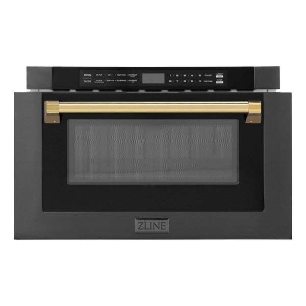 ZLINE Autograph Edition 24 in. 1.2 cu. ft. Built-in Microwave Drawer in Black Stainless Steel with Polished Gold Accents (MWDZ-1-BS-H-G) front, open.