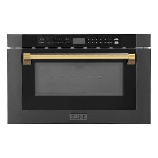 ZLINE Autograph Edition 24" 1.2 cu. ft. Built-in Microwave Drawer in Black Stainless Steel and Polished Gold  Accents (MWDZ-1-BS-H-G)