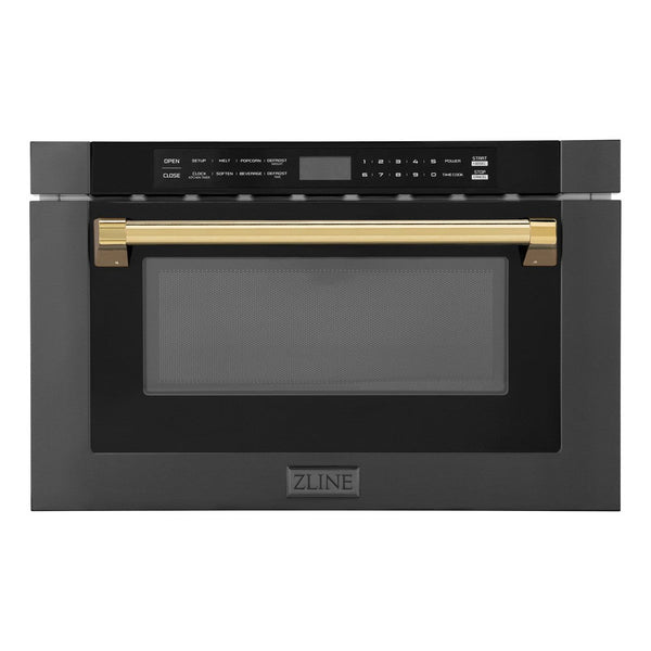 ZLINE Autograph Edition 24 in. 1.2 cu. ft. Built-in Microwave Drawer in Black Stainless Steel with Polished Gold Accents (MWDZ-1-BS-H-G) front.