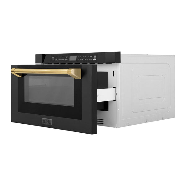 ZLINE Autograph Edition 24 in. 1.2 cu. ft. Built-in Microwave Drawer in Black Stainless Steel with Polished Gold Accents (MWDZ-1-BS-H-G) side, open.