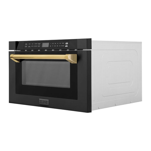 ZLINE Autograph Edition 24 in. 1.2 cu. ft. Built-in Microwave Drawer in Black Stainless Steel with Polished Gold Accents (MWDZ-1-BS-H-G) side, closed.