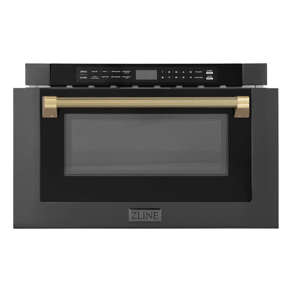 ZLINE Autograph Edition 24 in. 1.2 cu. ft. Built-in Microwave Drawer in Black Stainless Steel and Champagne Bronze Helix Handle (MWDZ-1-BS-H-KCB)