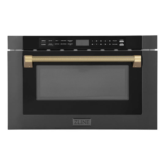 ZLINE Autograph Edition 24 in. 1.2 cu. ft. Built-in Microwave Drawer in Black Stainless Steel and Champagne Bronze Helix Handle (MWDZ-1-BS-H-KCB)