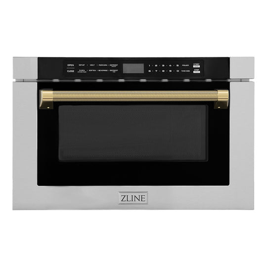 ZLINE Autograph Edition 24 in. 1.2 cu. ft. Built-in Microwave Drawer in Stainless Steel and Polished Gold Helix Handle (MWDZ-1-H-KG)