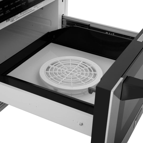 ZLINE Autograph Edition 24 in. 1.2 cu. ft. Built-in Microwave Drawer with a Traditional Handle in Stainless Steel and Matte Black Accents (MWDZ-1-H-MB) open, with defrosting rack inside.