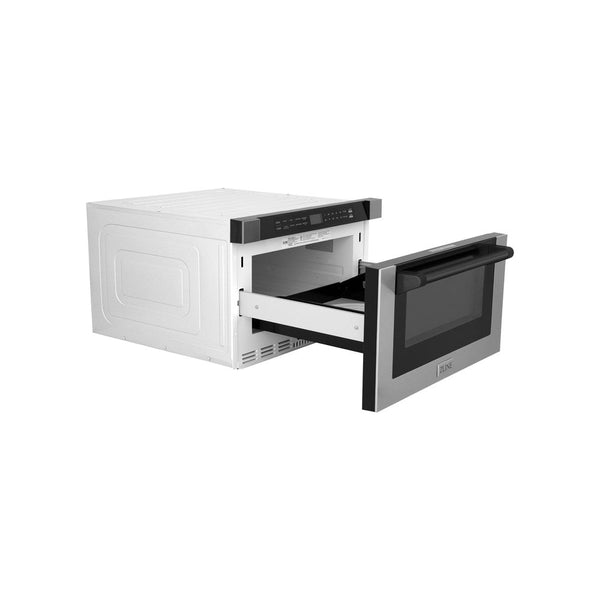 ZLINE Autograph Edition 24 in. 1.2 cu. ft. Built-in Microwave Drawer with a Traditional Handle in Stainless Steel and Matte Black Accents (MWDZ-1-H-MB) side, fully open.
