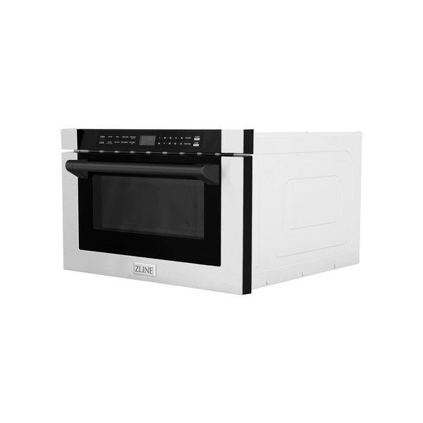 ZLINE Autograph Edition 24 in. 1.2 cu. ft. Built-in Microwave Drawer with a Traditional Handle in Stainless Steel and Matte Black Accents (MWDZ-1-H-MB) side, closed.