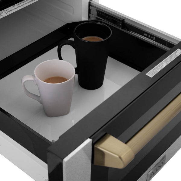 ZLINE Autograph Edition 24 in. Microwave in Fingerprint Resistant Stainless Steel with Traditional Handles and Champagne Bronze Accents (MWDZ-1-SS-H-CB) open with two cups of coffee inside.