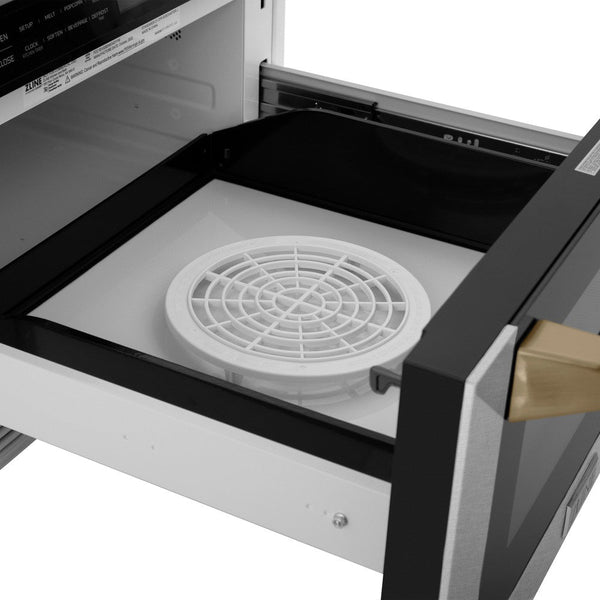 ZLINE Autograph Edition 24 in. Microwave in Fingerprint Resistant Stainless Steel with Traditional Handles and Champagne Bronze Accents (MWDZ-1-SS-H-CB) open, with defrosting rack inside.