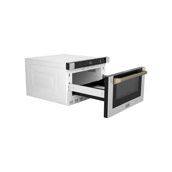 ZLINE Autograph Edition 24 in. Microwave in Fingerprint Resistant Stainless Steel with Traditional Handles and Champagne Bronze Accents (MWDZ-1-SS-H-CB) side, fully open.