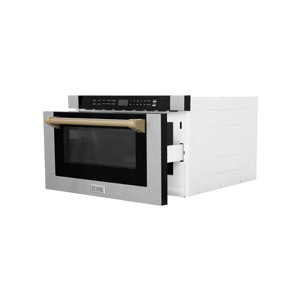 ZLINE Autograph Edition 24 in. Microwave in Fingerprint Resistant Stainless Steel with Traditional Handles and Champagne Bronze Accents (MWDZ-1-SS-H-CB) side, open.