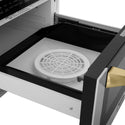 ZLINE Autograph Edition 24 in. Microwave in Fingerprint Resistant Stainless Steel with Traditional Handles and Polished Gold Accents (MWDZ-1-SS-H-G) open, with defrosting rack inside.