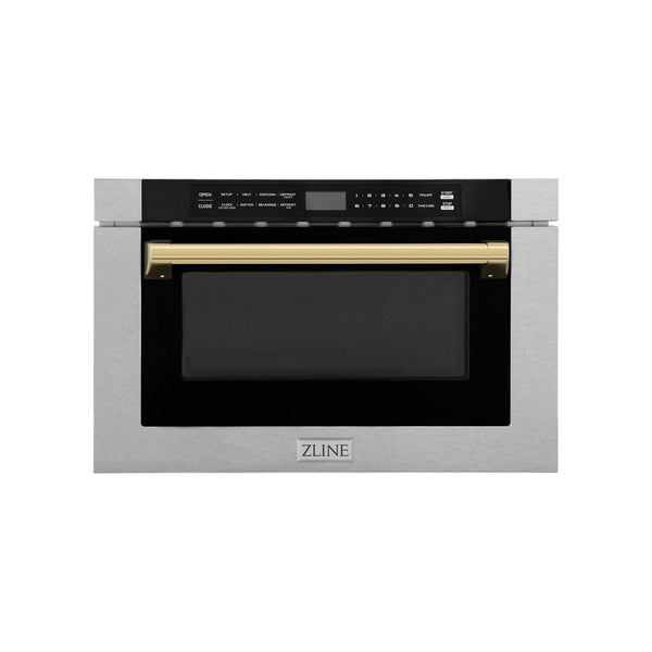 ZLINE Autograph Edition 24 in. Microwave in Fingerprint Resistant Stainless Steel with Traditional Handles and Polished Gold Accents (MWDZ-1-SS-H-G) front.