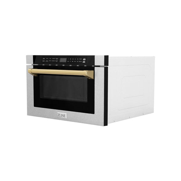 ZLINE Autograph Edition 24 in. Microwave in DuraSnow Stainless Steel with Traditional Handles and Gold Accents (MWDZ-1-SS-H-G) Side View Drawer Closed