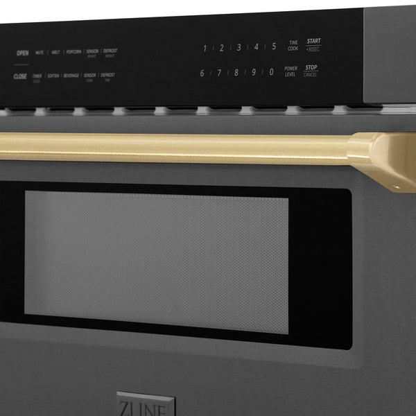 ZLINE Autograph Edition 30 in. 1.2 cu. ft. Built-in Microwave Drawer in Black Stainless Steel with Champagne Bronze Accents (MWDZ-30-BS-CB) close-up handle and display.