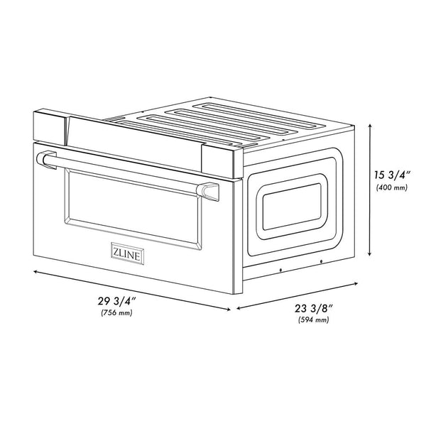 ZLINE Autograph Edition 30 in. 1.2 cu. ft. Built-in Microwave Drawer in Black Stainless Steel with Champagne Bronze Accents (MWDZ-30-BS-CB) dimensional diagram with measurements.