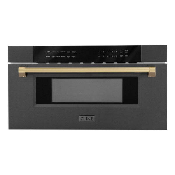 ZLINE Autograph Edition 30 in. 1.2 cu. ft. Built-in Microwave Drawer in Black Stainless Steel with Champagne Bronze Accents (MWDZ-30-BS-CB) front.