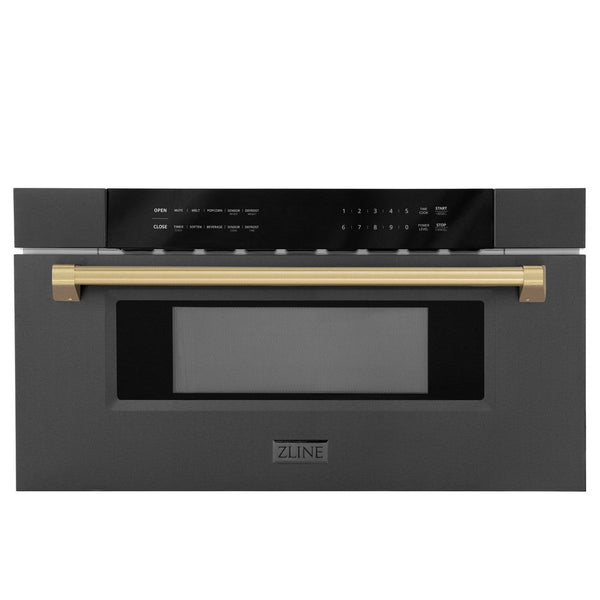 ZLINE Autograph Edition 30 in. 1.2 cu. ft. Built-in Microwave Drawer in Black Stainless Steel with Champagne Bronze Accents (MWDZ-30-BS-CB) front, closed.