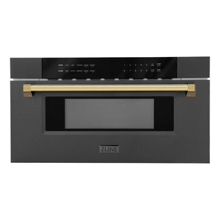 ZLINE Autograph Edition 30 in. 1.2 cu. ft. Built-in Microwave Drawer in Black Stainless Steel with Polished Gold Accents (MWDZ-30-BS-G) front.