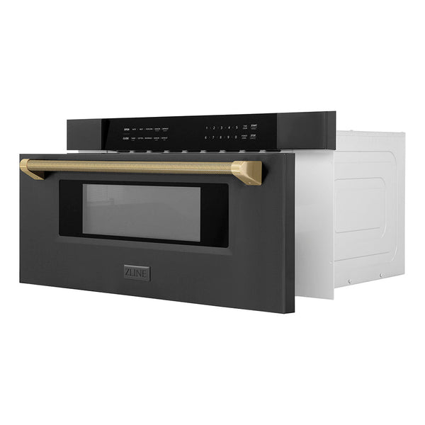 ZLINE Autograph Edition 30 in. 1.2 cu. ft. Built-in Microwave Drawer in Black Stainless Steel and Champagne Bronze Helix Handle (MWDZ-30-BS-KCB)