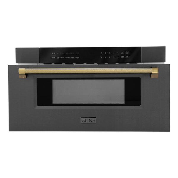 ZLINE Autograph Edition 30 in. 1.2 cu. ft. Built-in Microwave Drawer in Black Stainless Steel and Polished Gold Helix Handle (MWDZ-30-BS-KG)