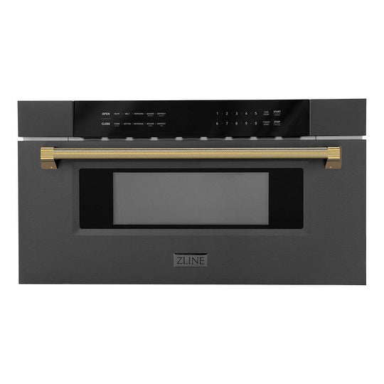 ZLINE Autograph Edition 30 in. 1.2 cu. ft. Built-in Microwave Drawer in Black Stainless Steel and Polished Gold Helix Handle (MWDZ-30-BS-KG)