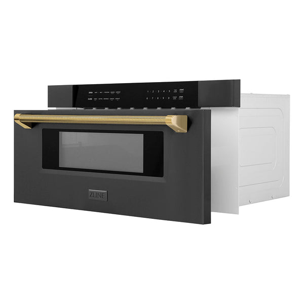 ZLINE Autograph Edition 30 in. 1.2 cu. ft. Built-in Microwave Drawer in Black Stainless Steel and Polished Gold Helix Handle (MWDZ-30-BS-KG)