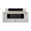 ZLINE Autograph Edition 30 in. 1.2 cu. ft. Built-In Microwave Drawer in Fingerprint Resistant Stainless Steel with Gold Accents (MWDZ-30-SS-G) Front View Drawer Open